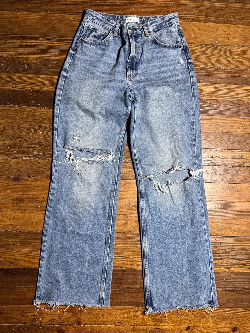 Zara Jeans Womens 8 medium Wash Distressed Wide Leg Ripped Raw Hem Grunge